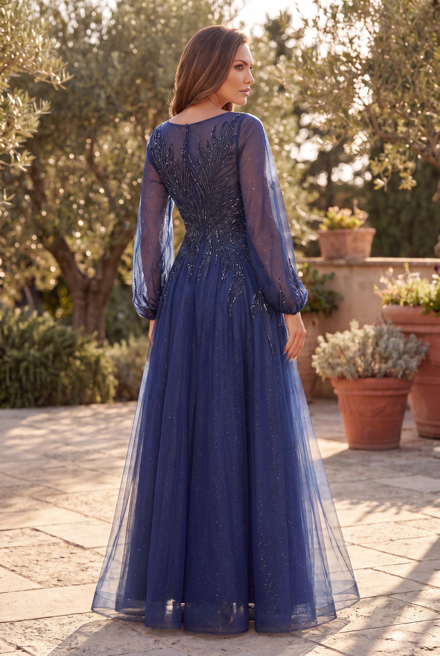 Kos Couture V Neck Long Sleeve Formal Evening Dress