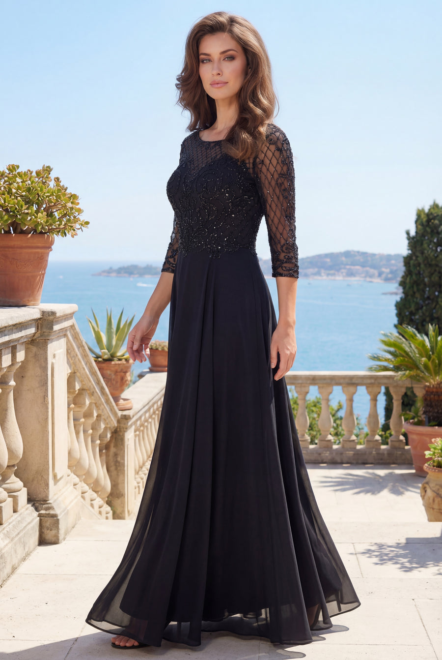 Kos Couture Long Sleeve Hand Beaded Mother of The Bride Dress