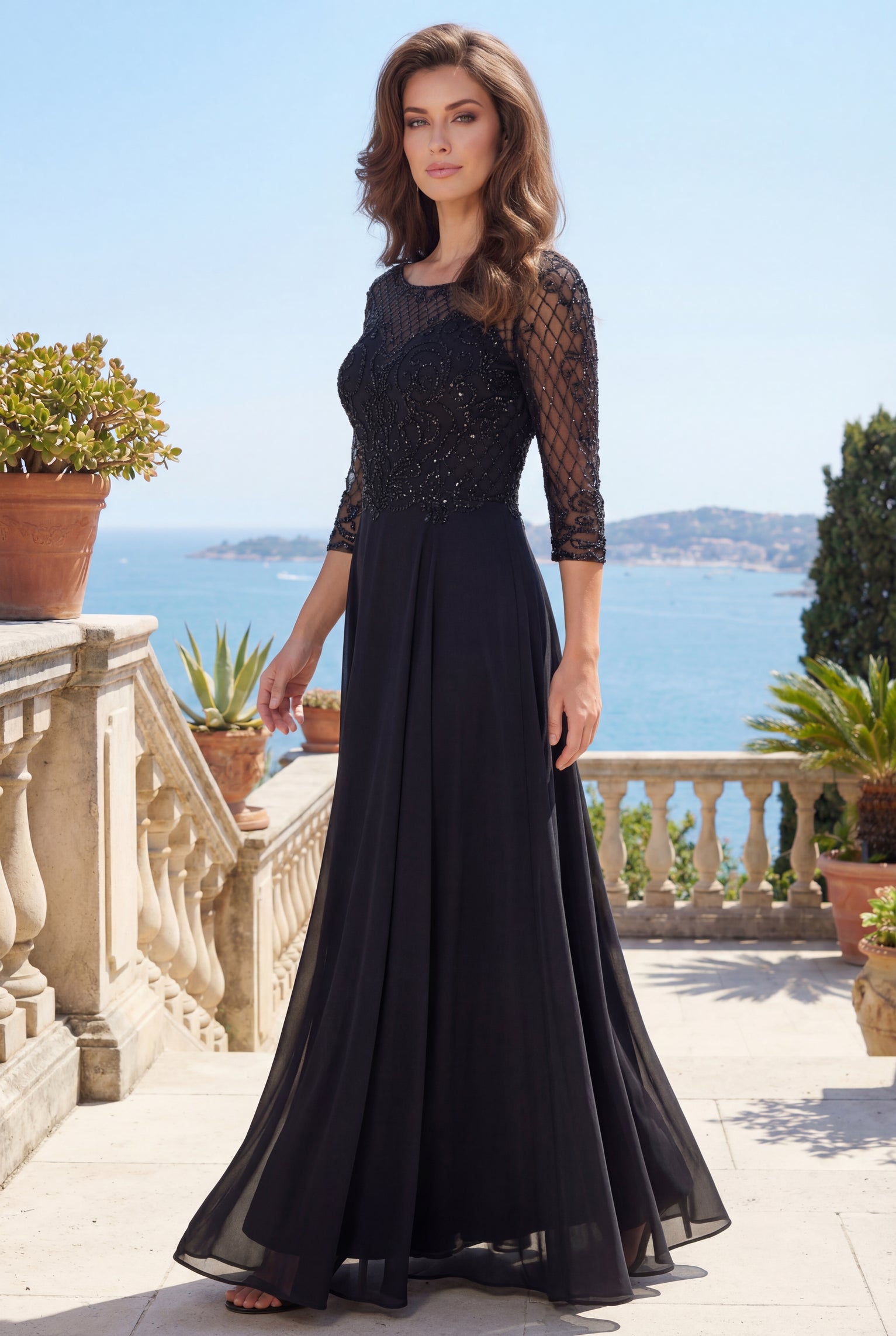 Kos Couture Long Sleeve Hand Beaded Mother of The Bride Dress