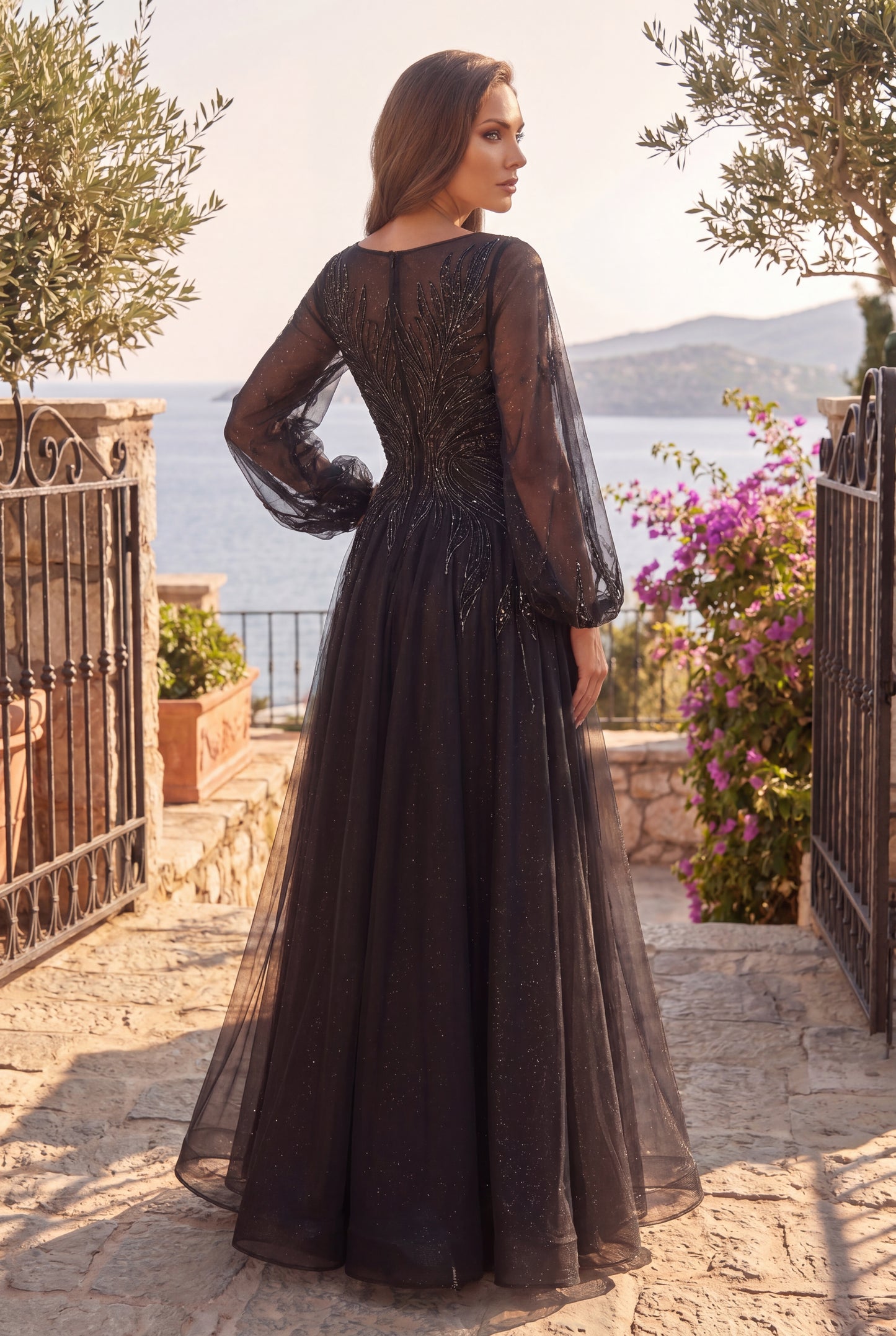 Kos Couture V Neck Long Sleeve Formal Evening Dress