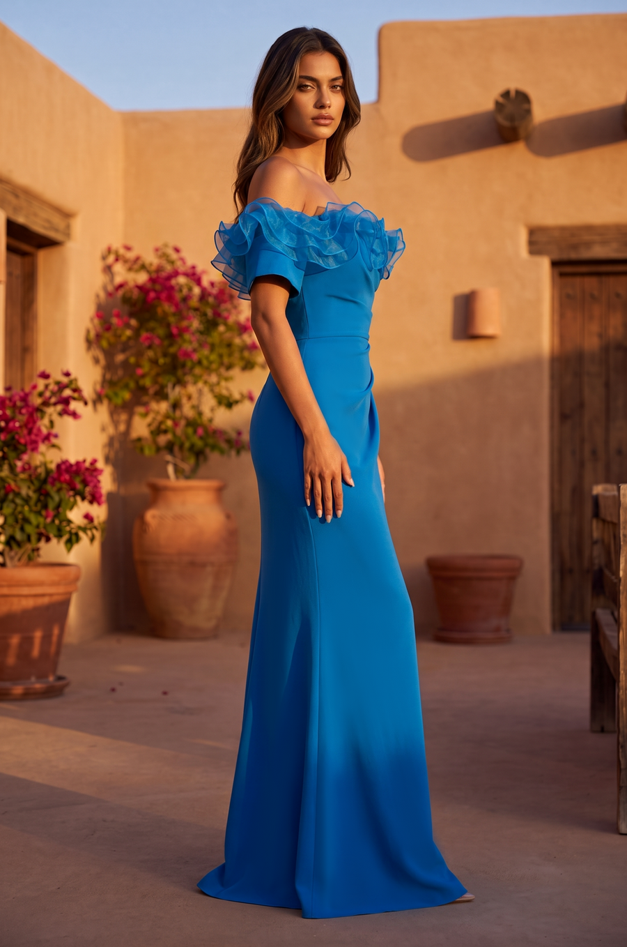 Kos Couture Ruffled Long Off Shoulder Formal Evening Dress