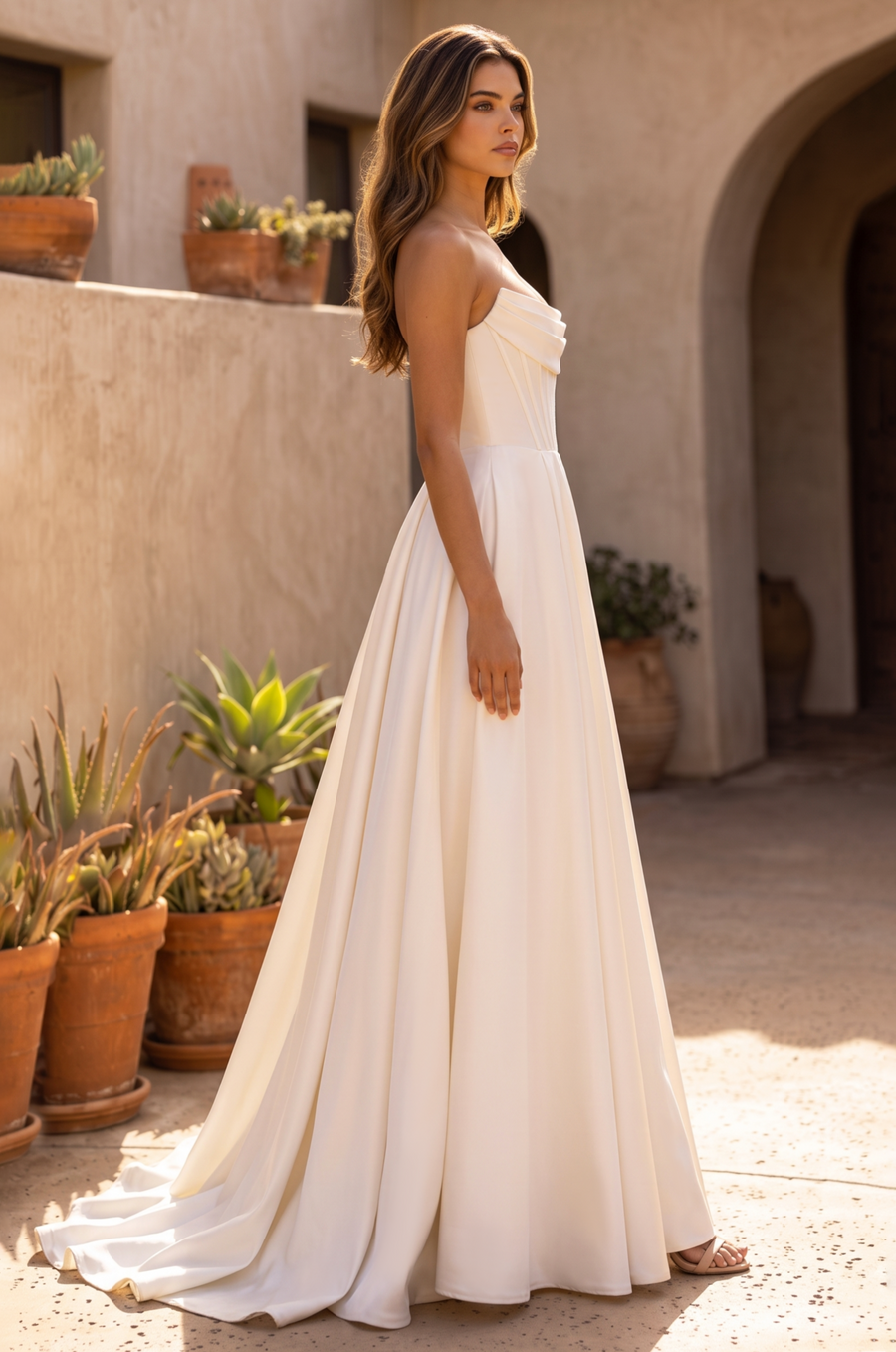 Off White Classic Long Mikado Corset Formal Ball Gown, side view