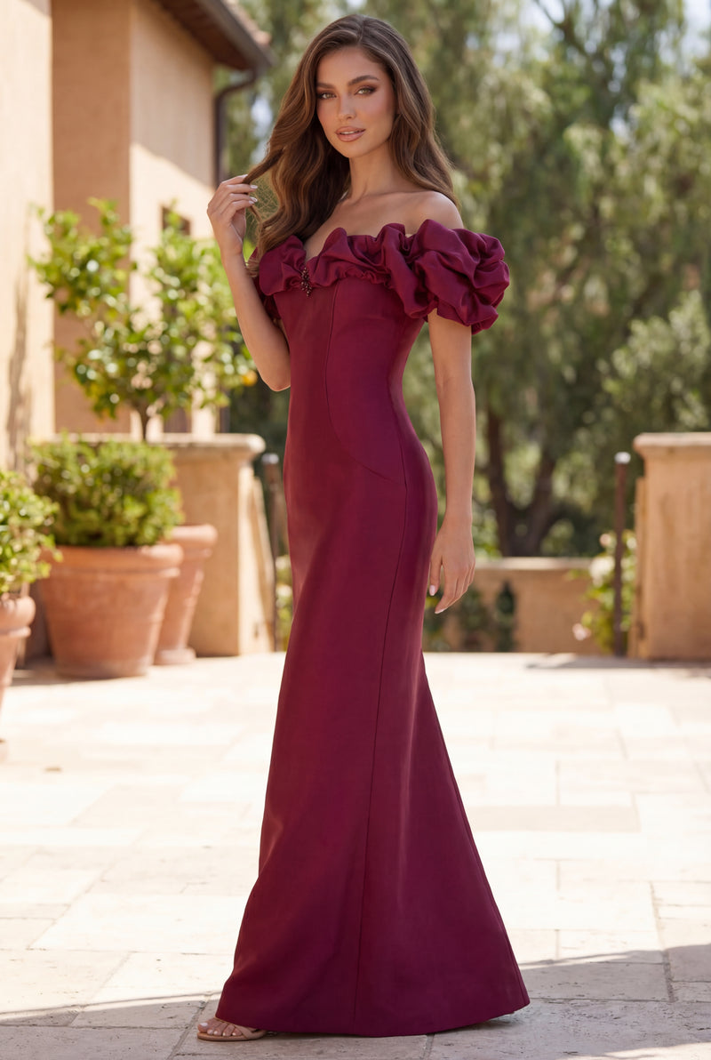Kos Couture Ruffled Sleeve Long Formal Evening Dress