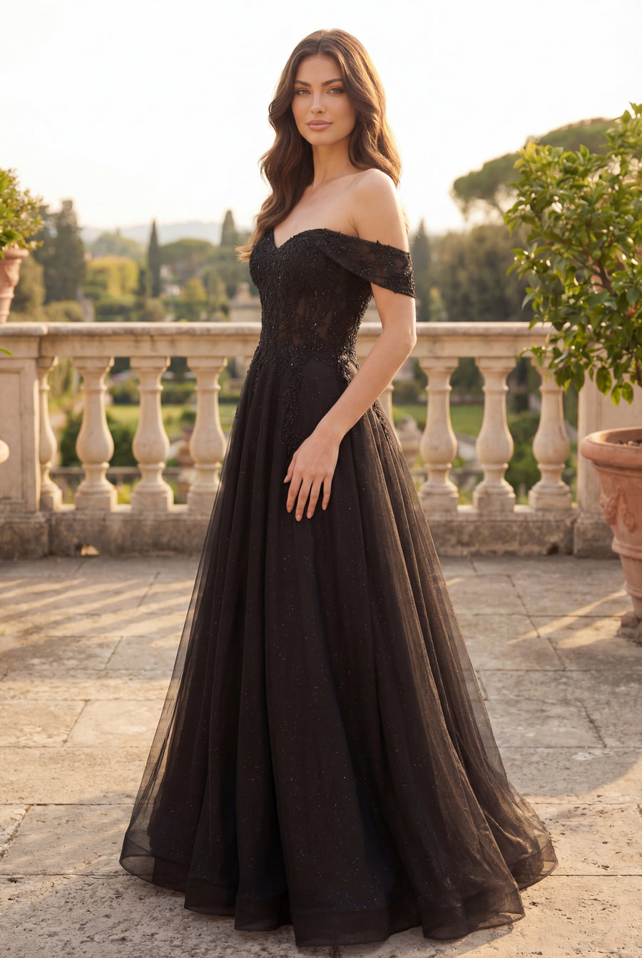 Kos Couture Long Off Shoulder Corset Formal Dress