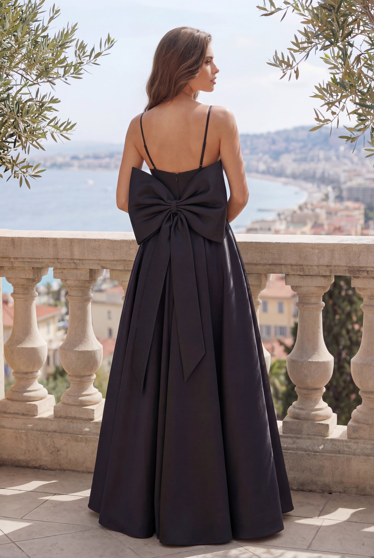 Kos Couture Long Black Prom Ball Gown Bow Tie Back