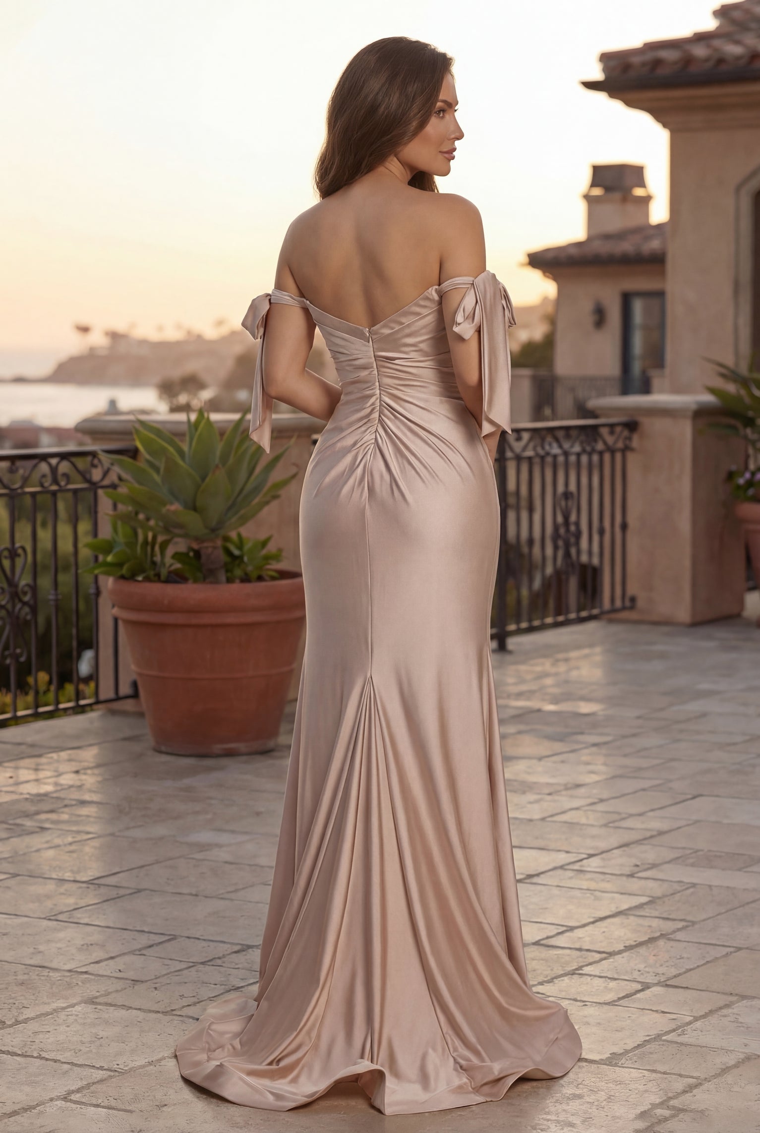 Kos Couture Long Formal Bow Sleeve Stretch Jersey Dress