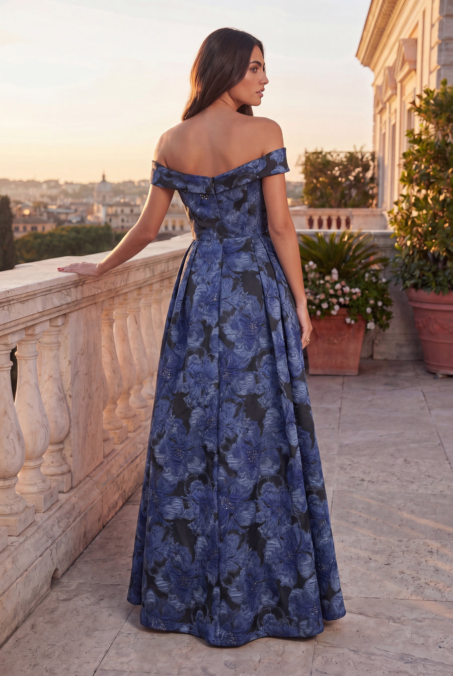 Kos Couture Off Shoulder Formal Floral Jacquard Evening Dress