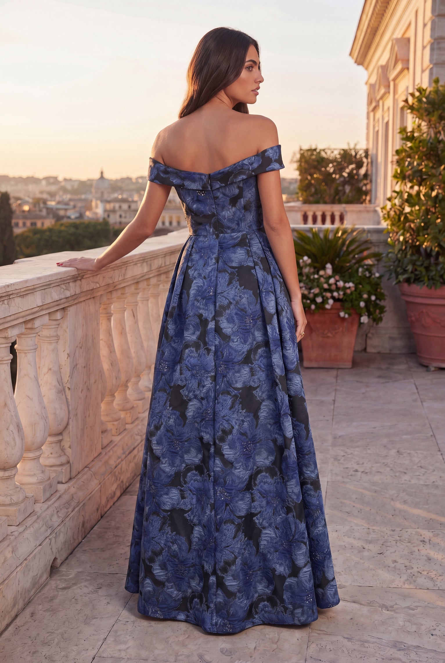 Kos Couture Off Shoulder Formal Floral Jacquard Evening Dress