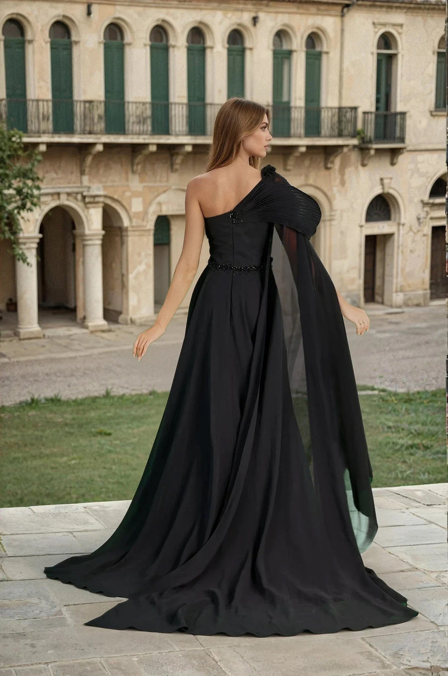 Kos Couture DD1373 Luxury Couture Sculpted Shoulder Black Dress