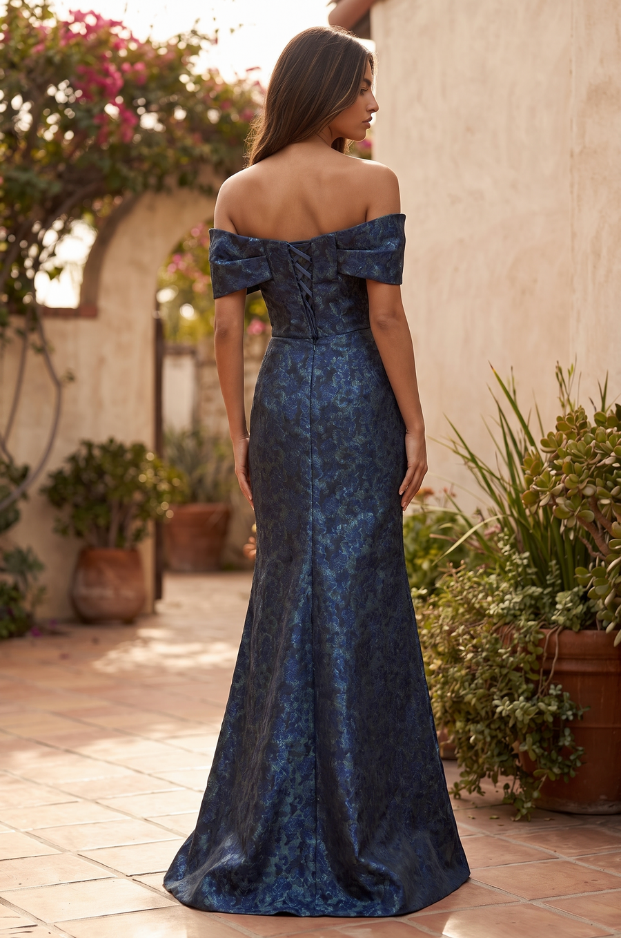 Kos Couture Off the Shoulder Floral Jacquard Mermaid Evening Formal Dress