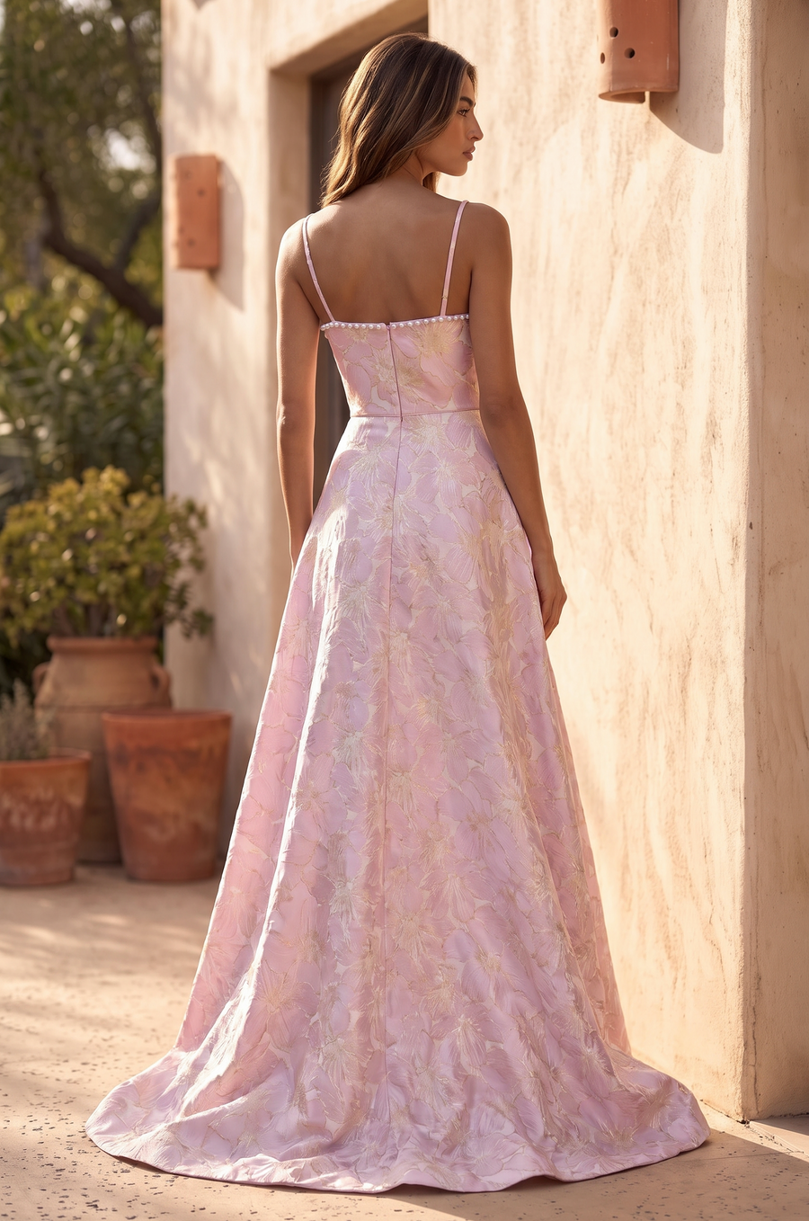 Pink floor-length A-line gown, back view