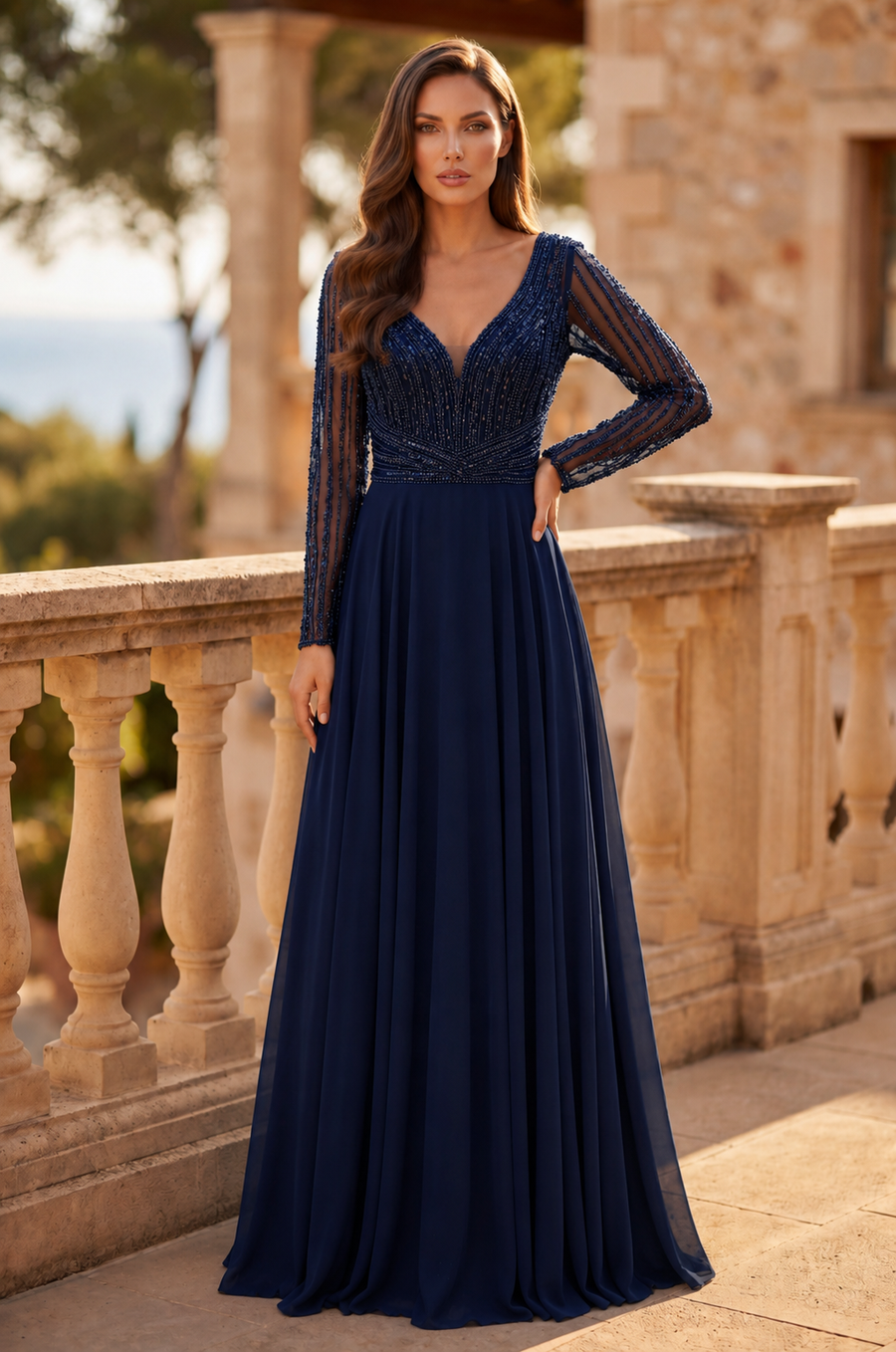 Kos Couture Beaded Long Sleeve Mother of the Bride Dress