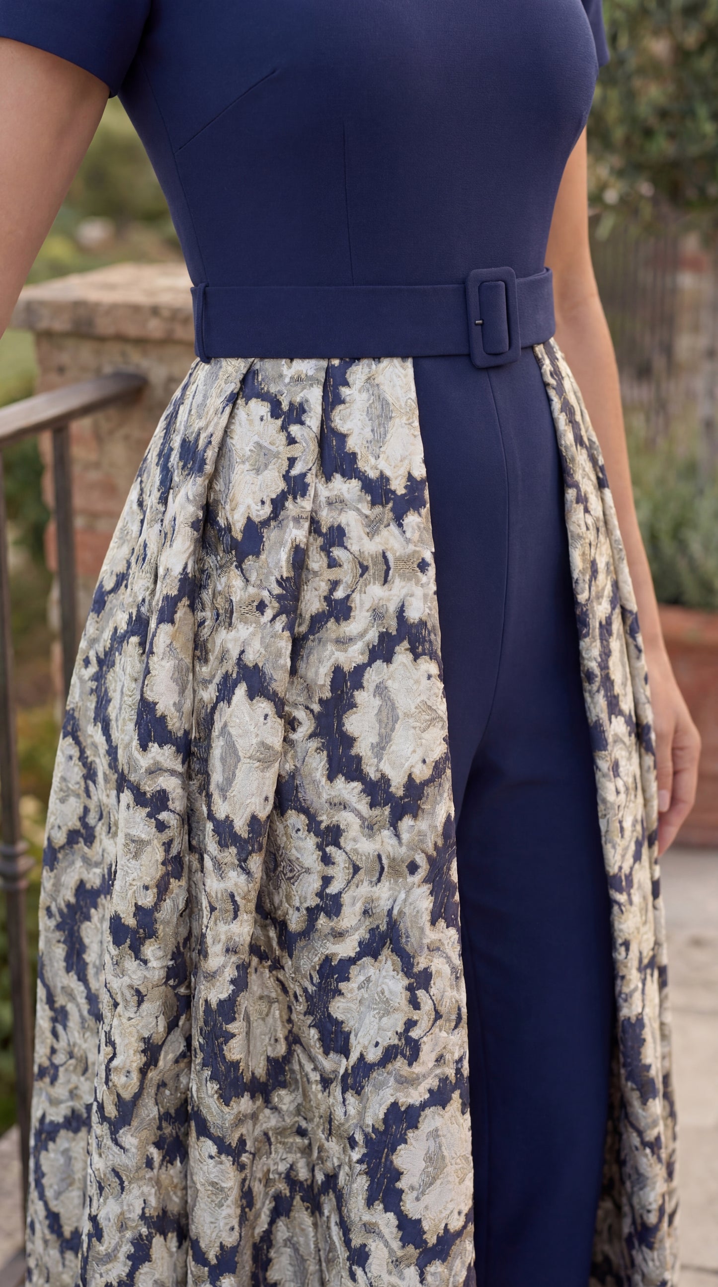 Kos Couture Stretch Crepe Jumpsuit Formal Floral Jacquard Overlay Skirt