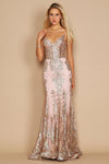 A stunning rose gold fitted corset long formal prom dress, featuring intricate detailing and a flowing skirt, elegantly draping to the floor.