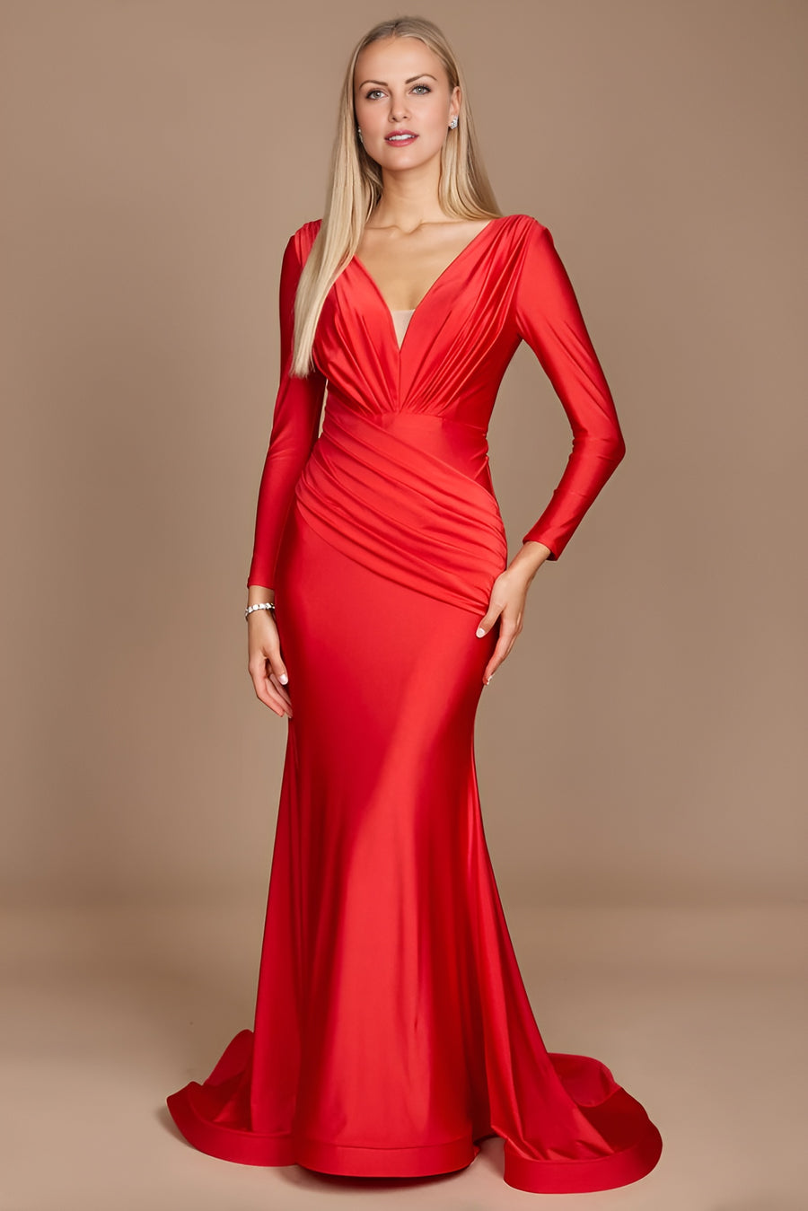 Kos Couture 1240 Long Sophisticated Sleeve Formal Fitted Evening Dress Red