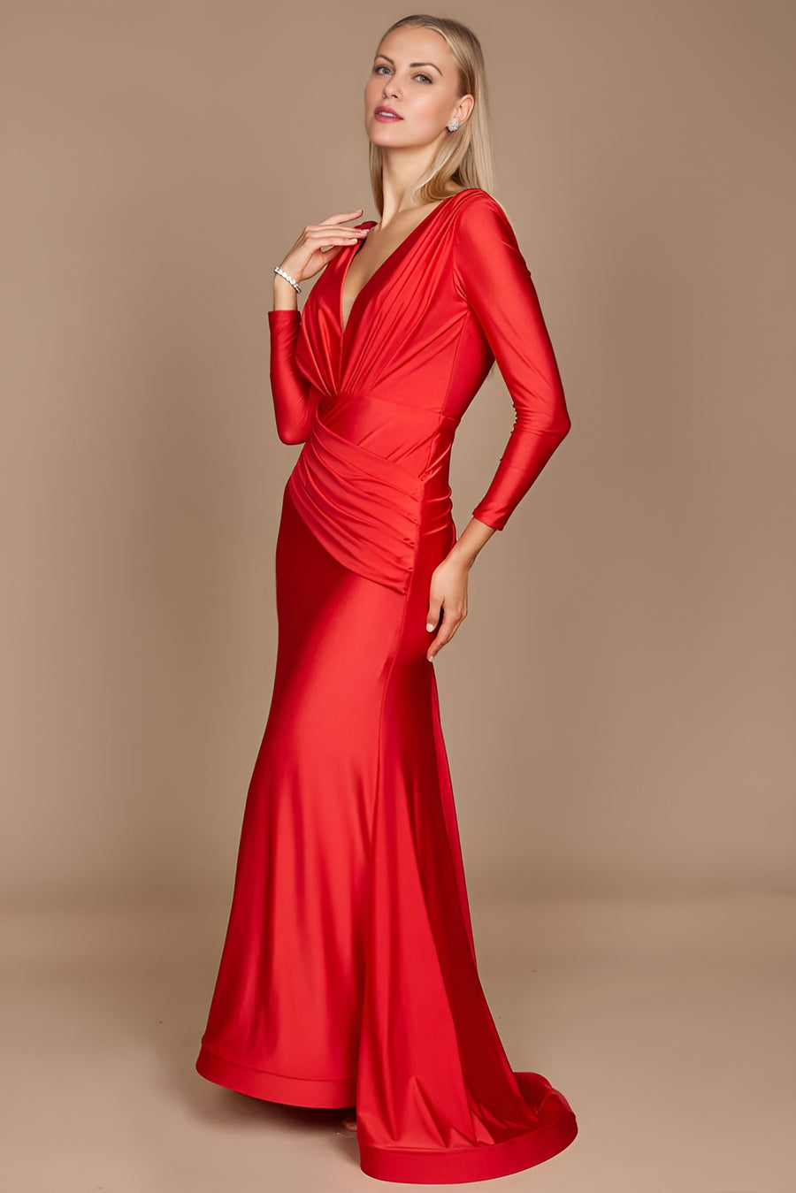 Kos Couture 1240 Long Sophisticated Sleeve Formal Fitted Evening Dress Red