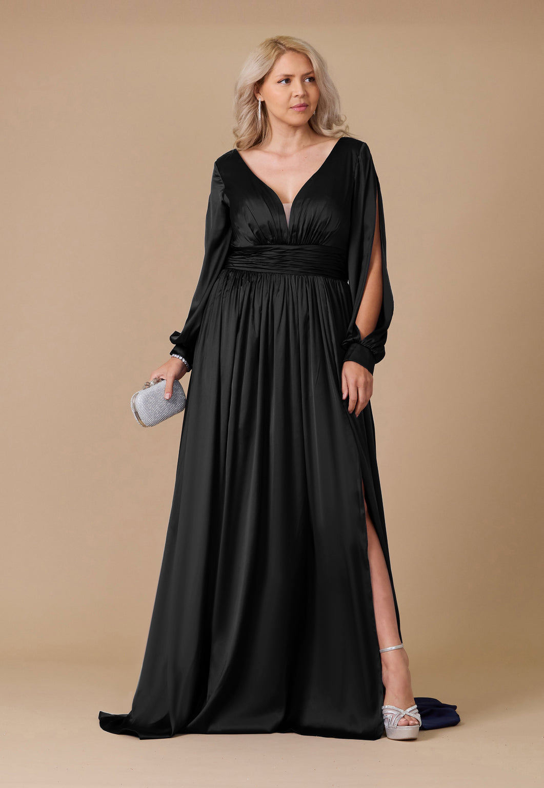Kos Couture Long Open Sleeve Satin Formal Dress