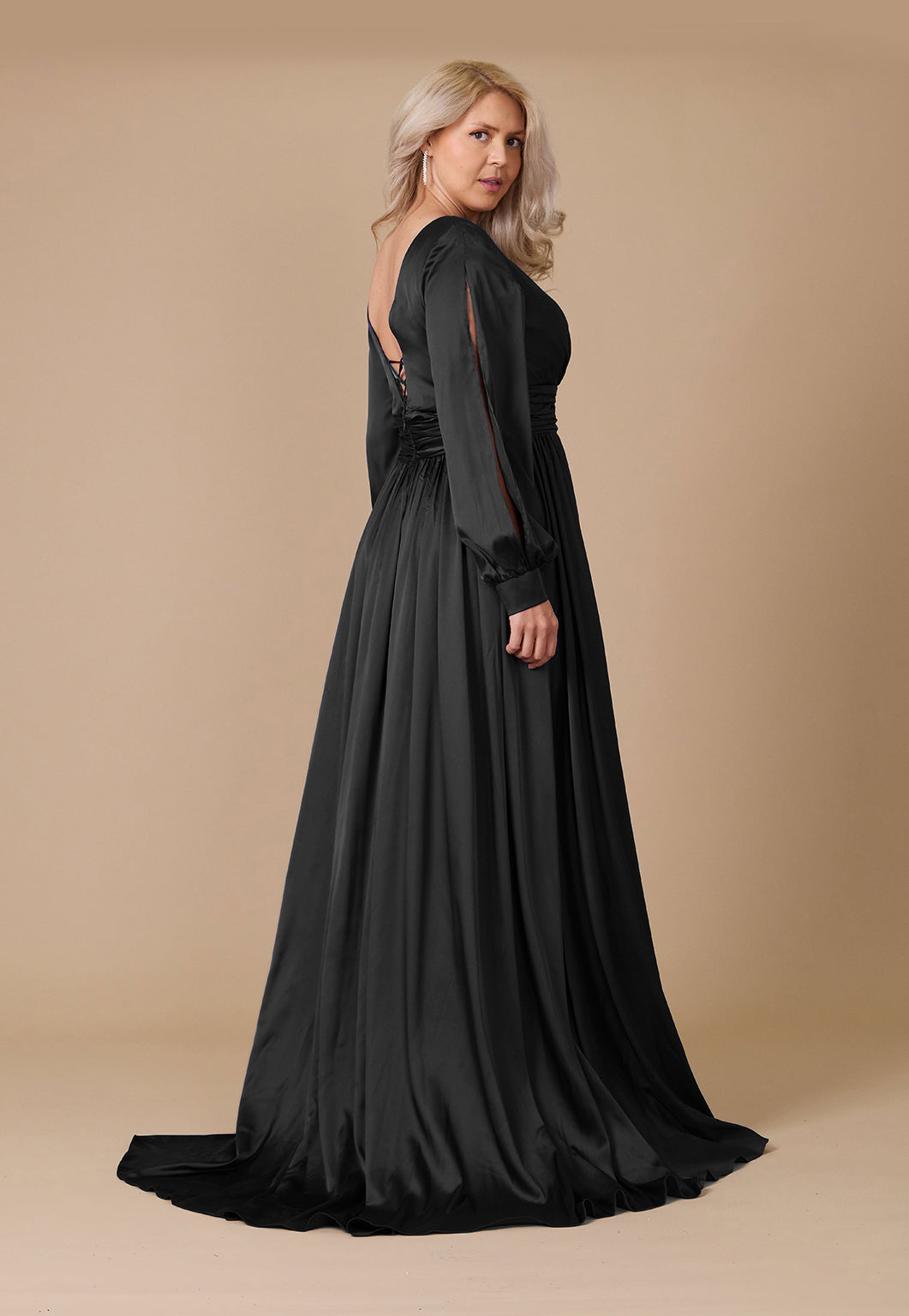 Kos Couture Long Open Sleeve Satin Formal Dress