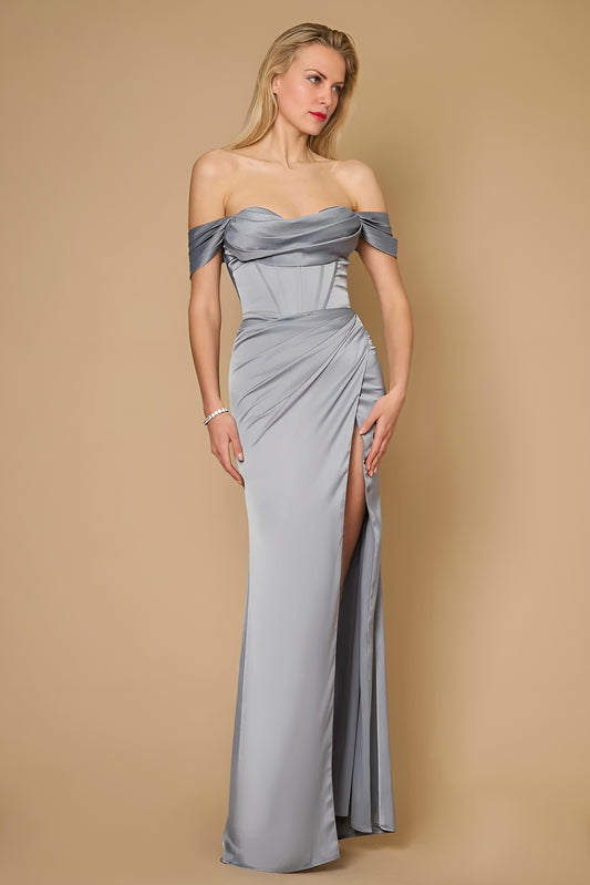Kos Couture 1249 Long Sophisticated Formal Corset Satin Evening Dress Silver