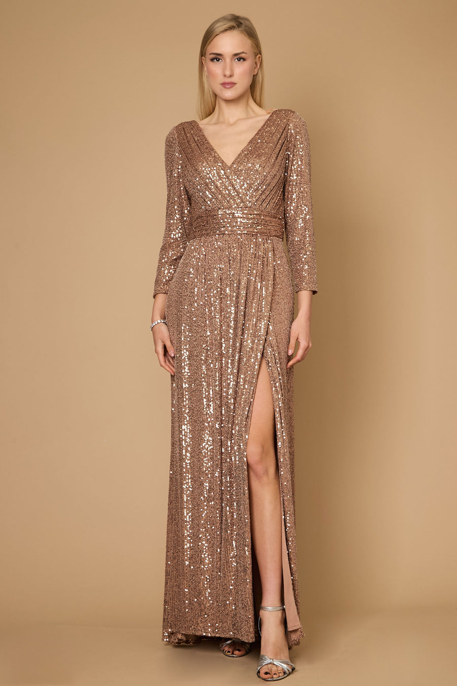 Kos Couture Long Sleeve Sequin Formal Hand Beaded Dress