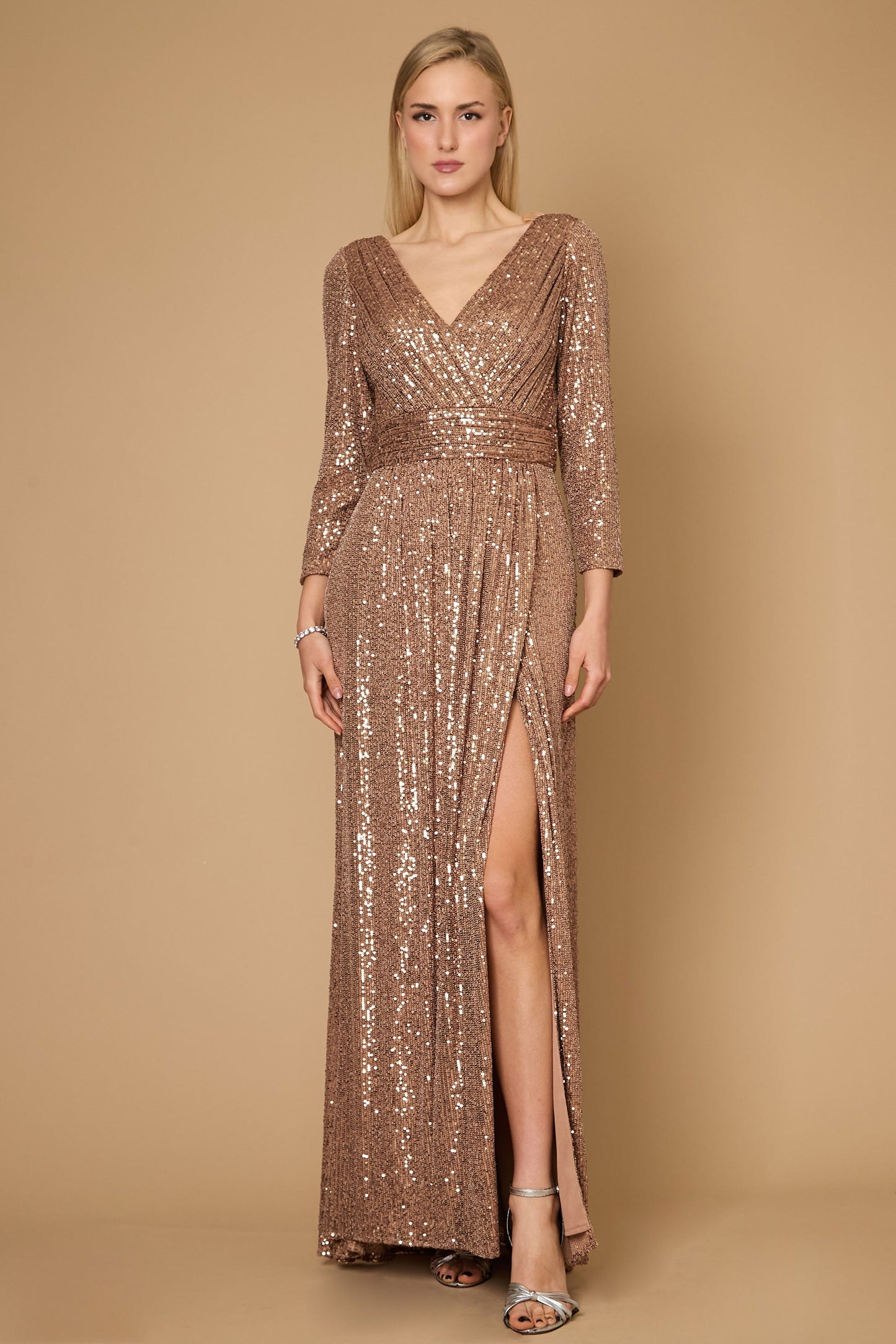 Kos Couture Long Sleeve Sequin Formal Hand Beaded Dress