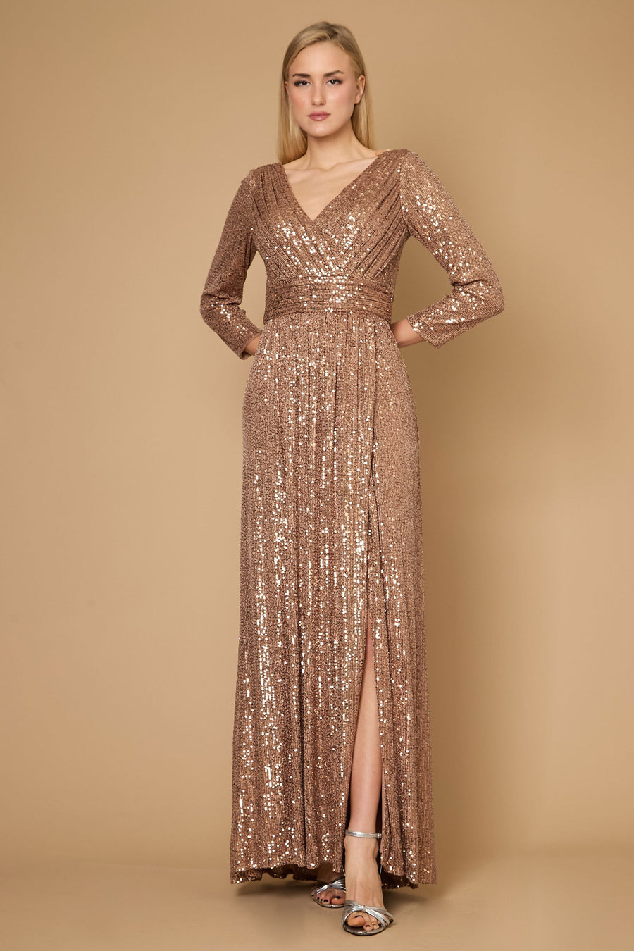 Kos Couture Long Sleeve Sequin Formal Hand Beaded Dress