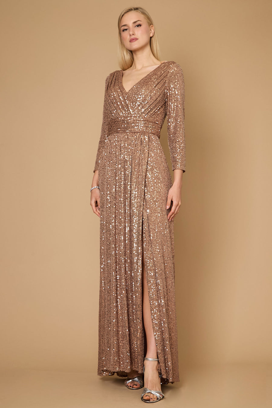 Kos Couture Long Sleeve Sequin Formal Hand Beaded Dress