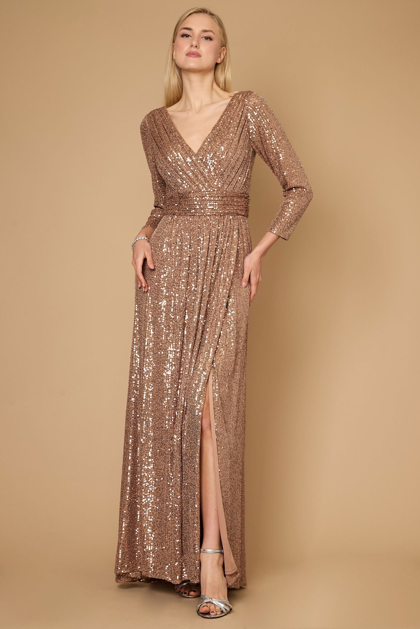 Kos Couture Long Sleeve Sequin Formal Hand Beaded Dress