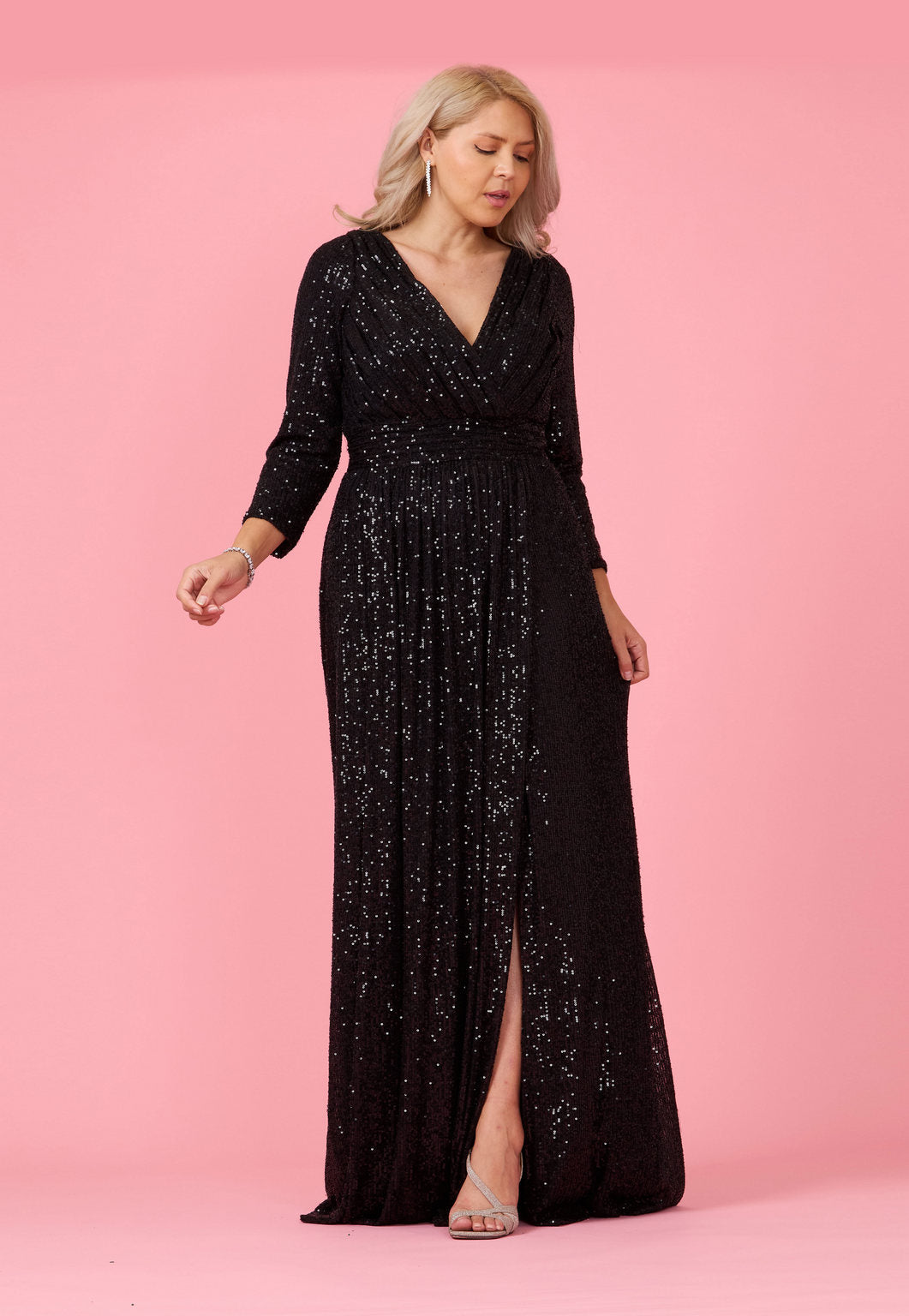 Kos Couture Long Sleeve Sequin Formal Hand Beaded Dress