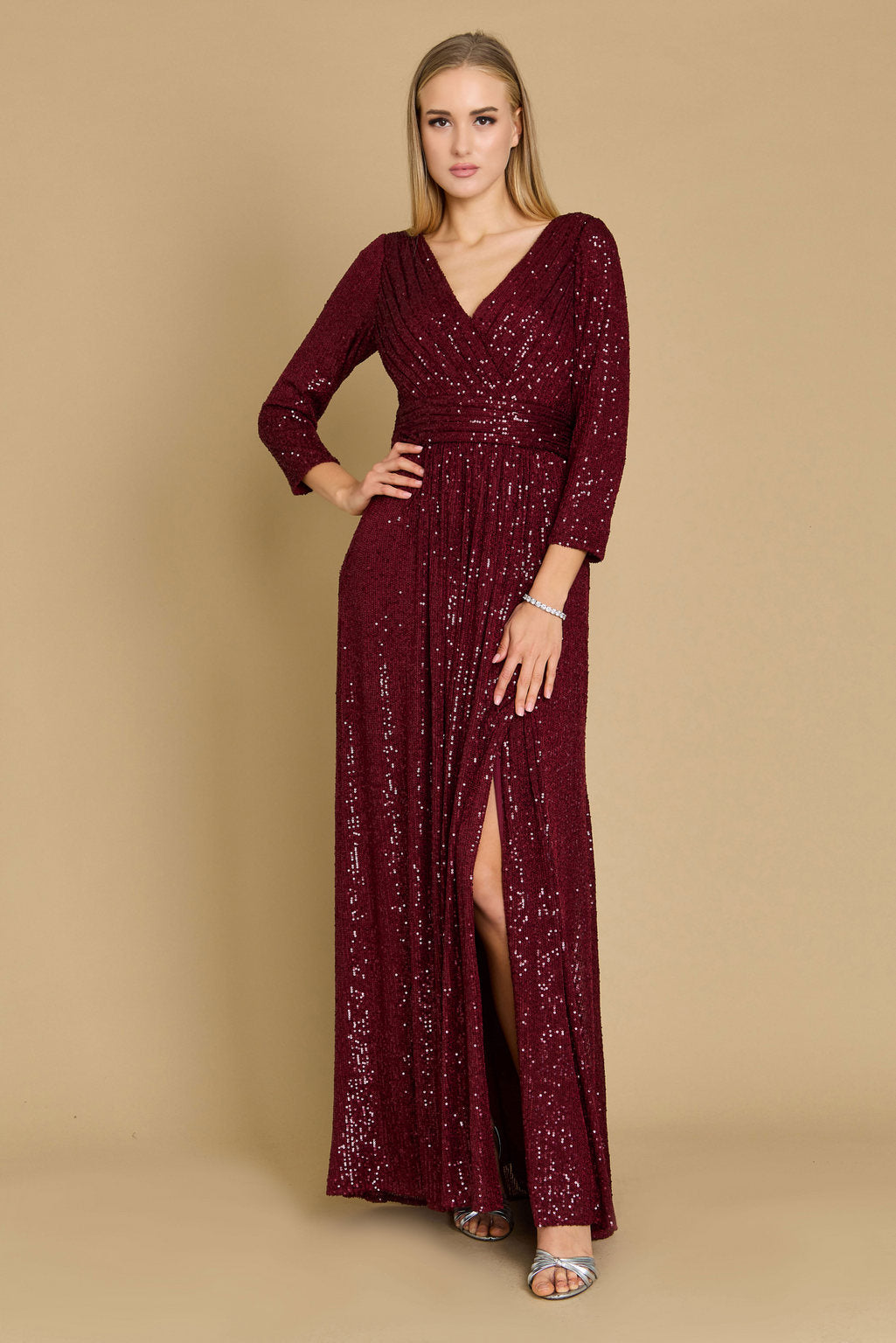 Kos Couture Long Sleeve Sequin Formal Hand Beaded Dress