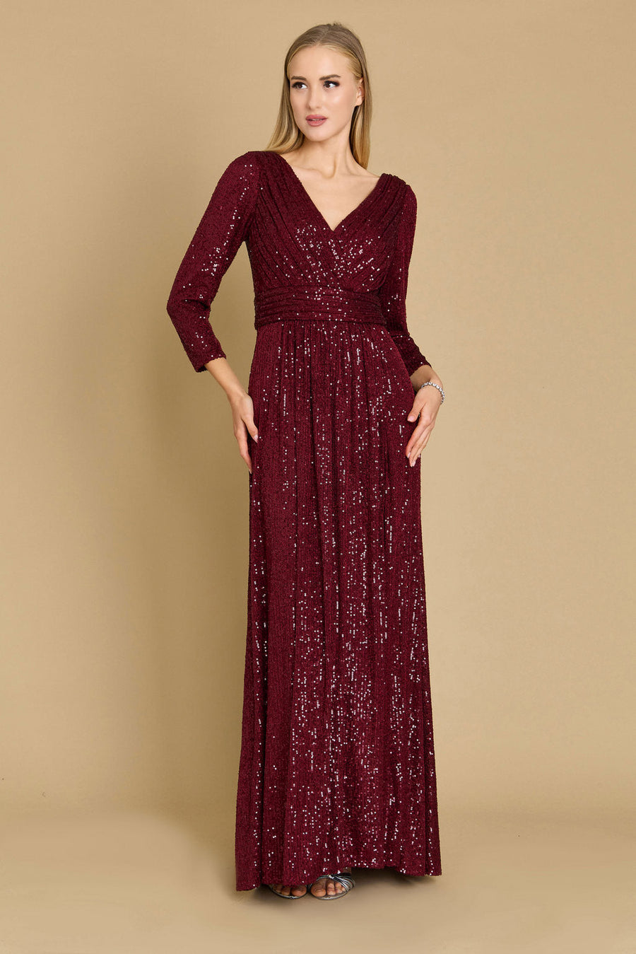 Kos Couture Long Sleeve Sequin Formal Hand Beaded Dress