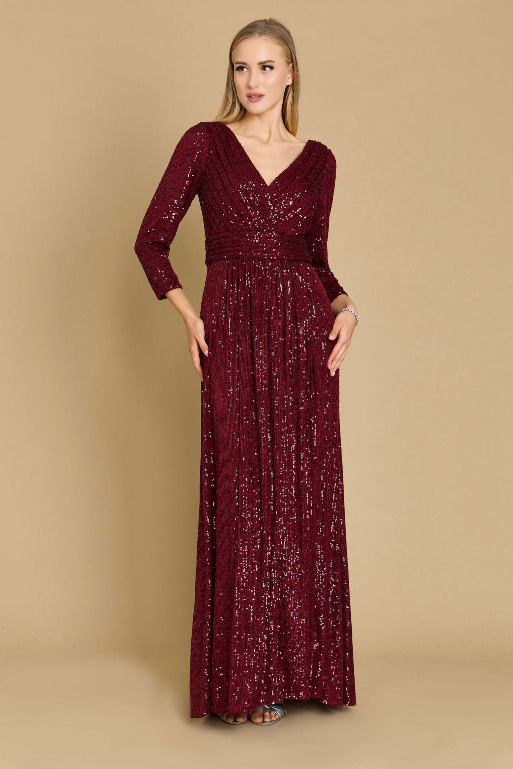 Kos Couture Long Sleeve Sequin Formal Hand Beaded Dress