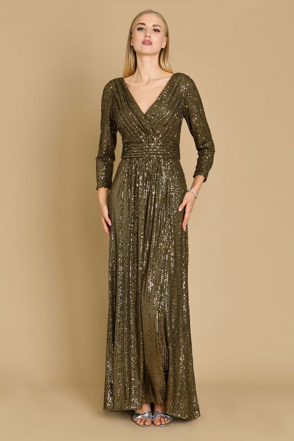 Kos Couture Long Sleeve Sequin Formal Hand Beaded Dress
