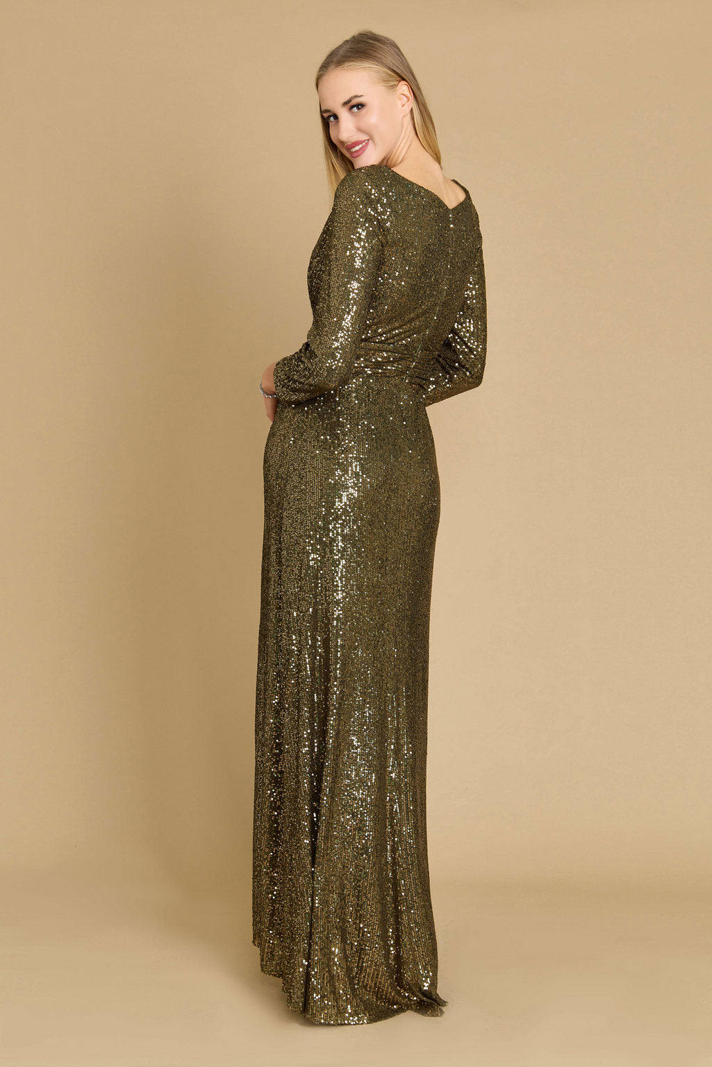 Kos Couture Long Sleeve Sequin Formal Hand Beaded Dress