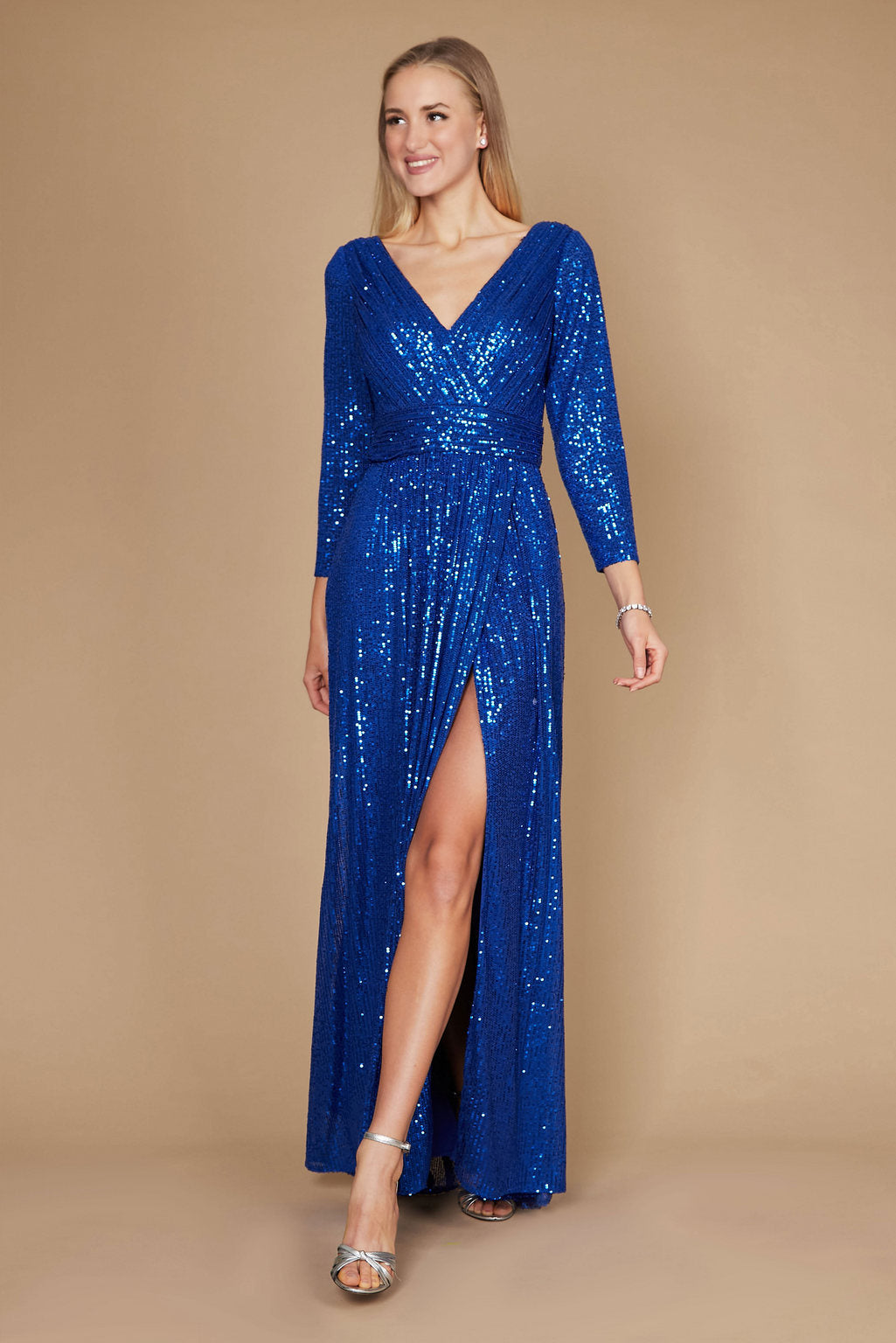 Kos Couture Long Sleeve Sequin Formal Hand Beaded Dress