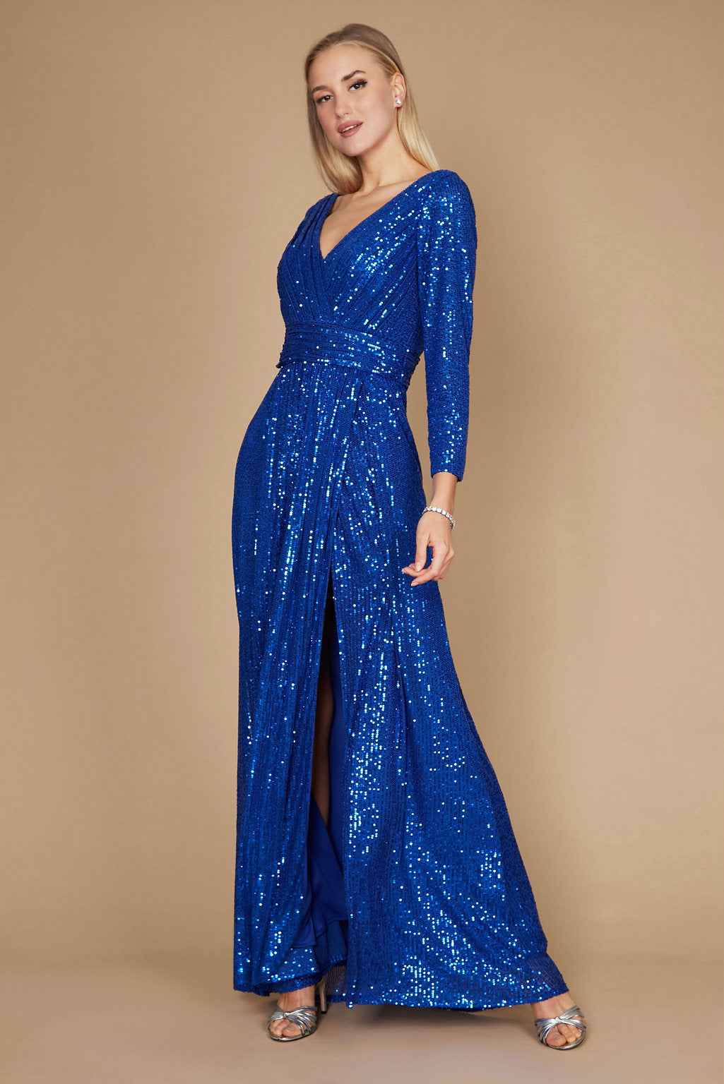 Kos Couture Long Sleeve Sequin Formal Hand Beaded Dress