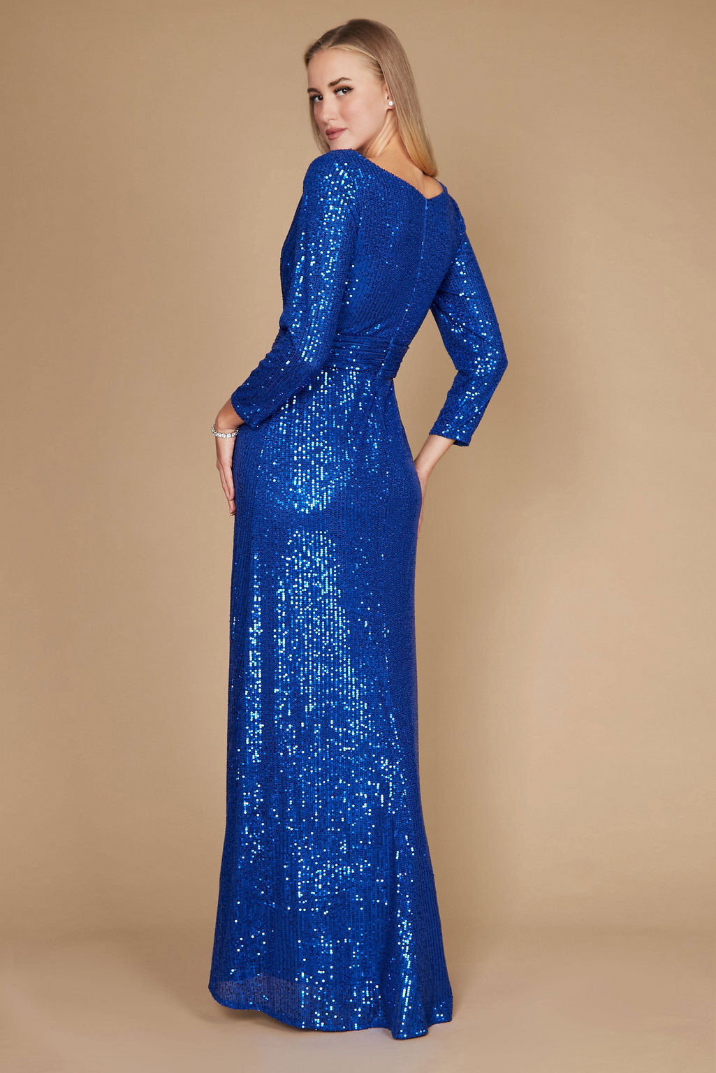 Kos Couture Long Sleeve Sequin Formal Hand Beaded Dress