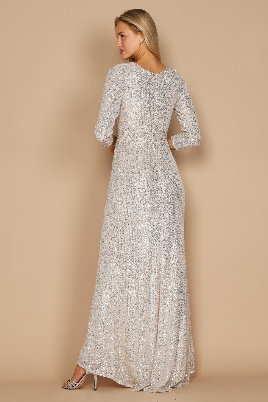 Kos Couture Long Sleeve Sequin Formal Hand Beaded Dress