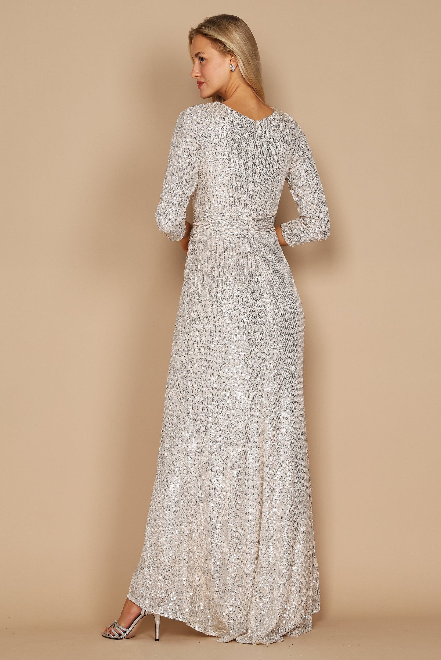 Kos Couture Long Sleeve Sequin Formal Hand Beaded Dress