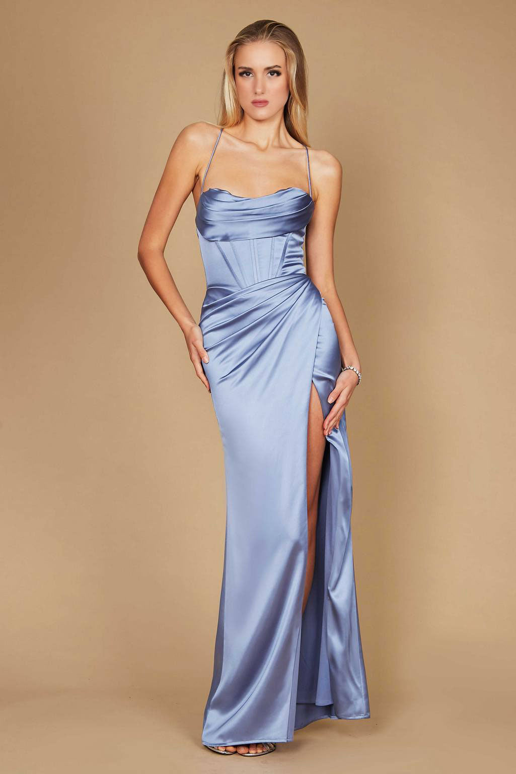 Kos Couture Draped Corset Cowl Long Prom Dress
