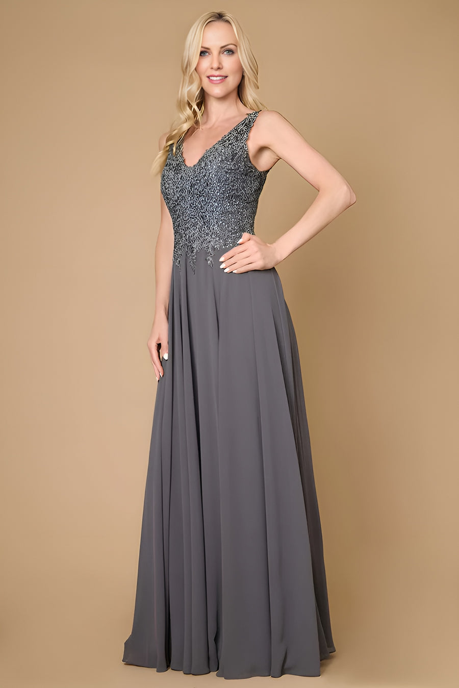 Kos Couture 1282 Long Sophisticated Formal Dress Plus Size Evening Gown Charcoal