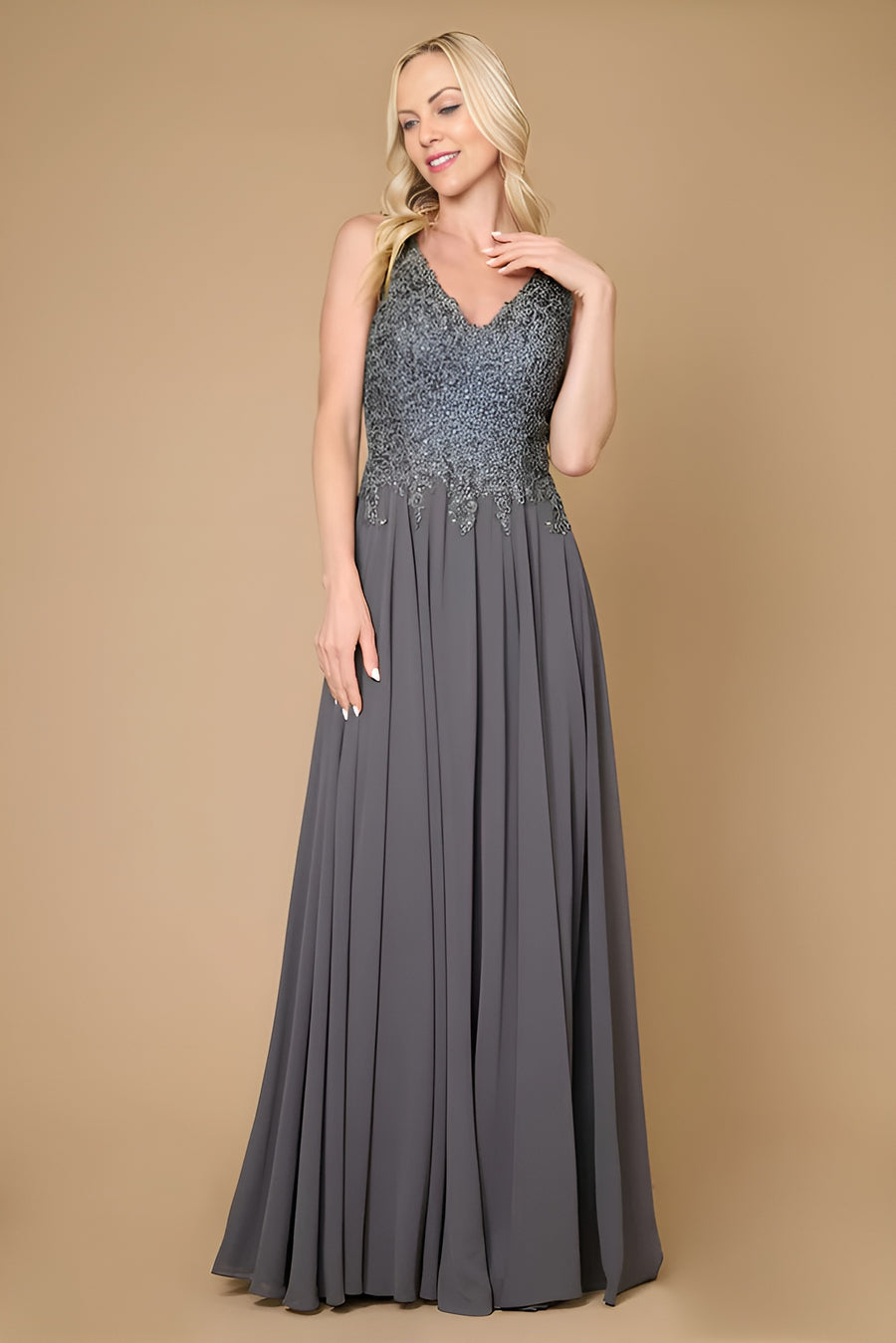 Kos Couture 1282 Long Sophisticated Formal Dress Plus Size Evening Gown Charcoal