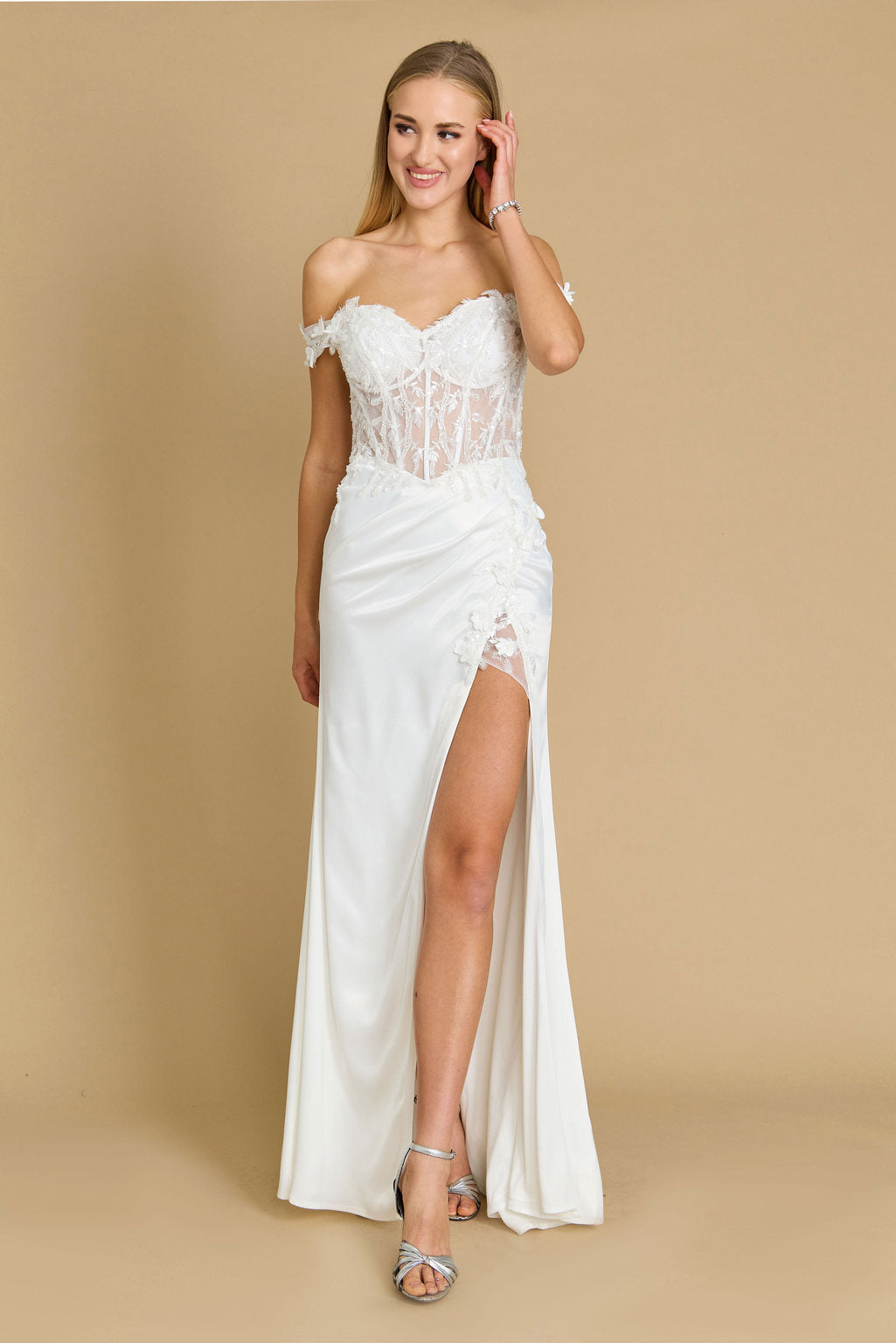 Kos Couture Fitted Corset Off the Shoulder Formal Prom Dress