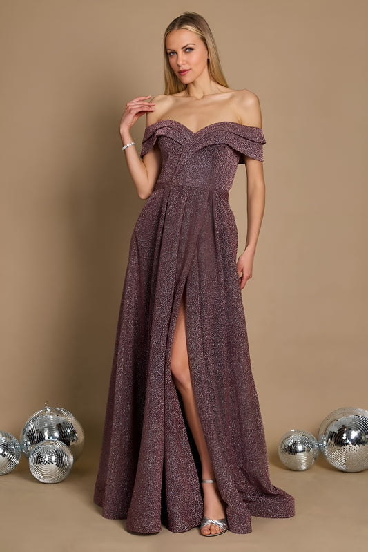 Kos Couture 1289 Long Off Elegant Shoulder Glitter Prom Dress Eggplant