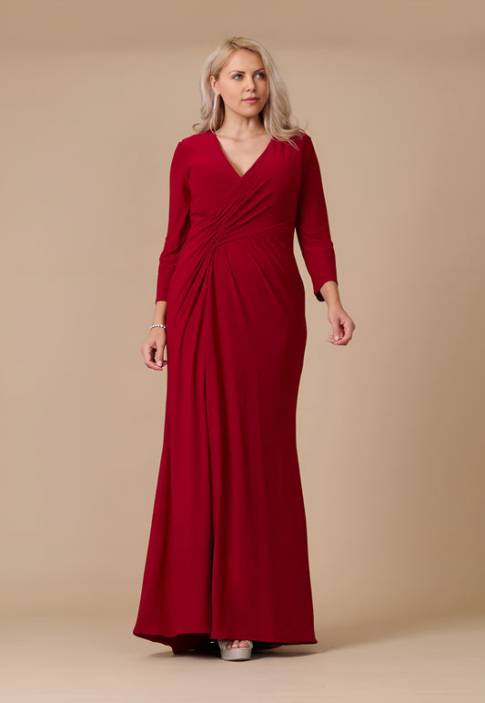Kos Couture 1295 Long Sophisticated Formal Stretch Evening Long Sleeve Dress Burgundy
