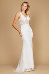 A stunning white formal prom dress featuring a sequin corset bodice, elegantly designed to enhance the silhouette with shimmering details.