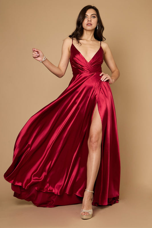 Kos Couture 1318 Long Flowy Elegant Satin Formal Prom Party Dress Burgundy