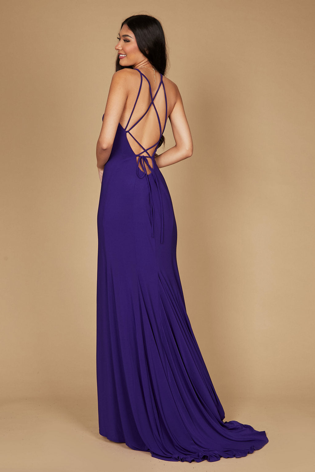 Kos Couture 1329 Long Fitted Elegant Open Back Jersey Prom Dress Plum