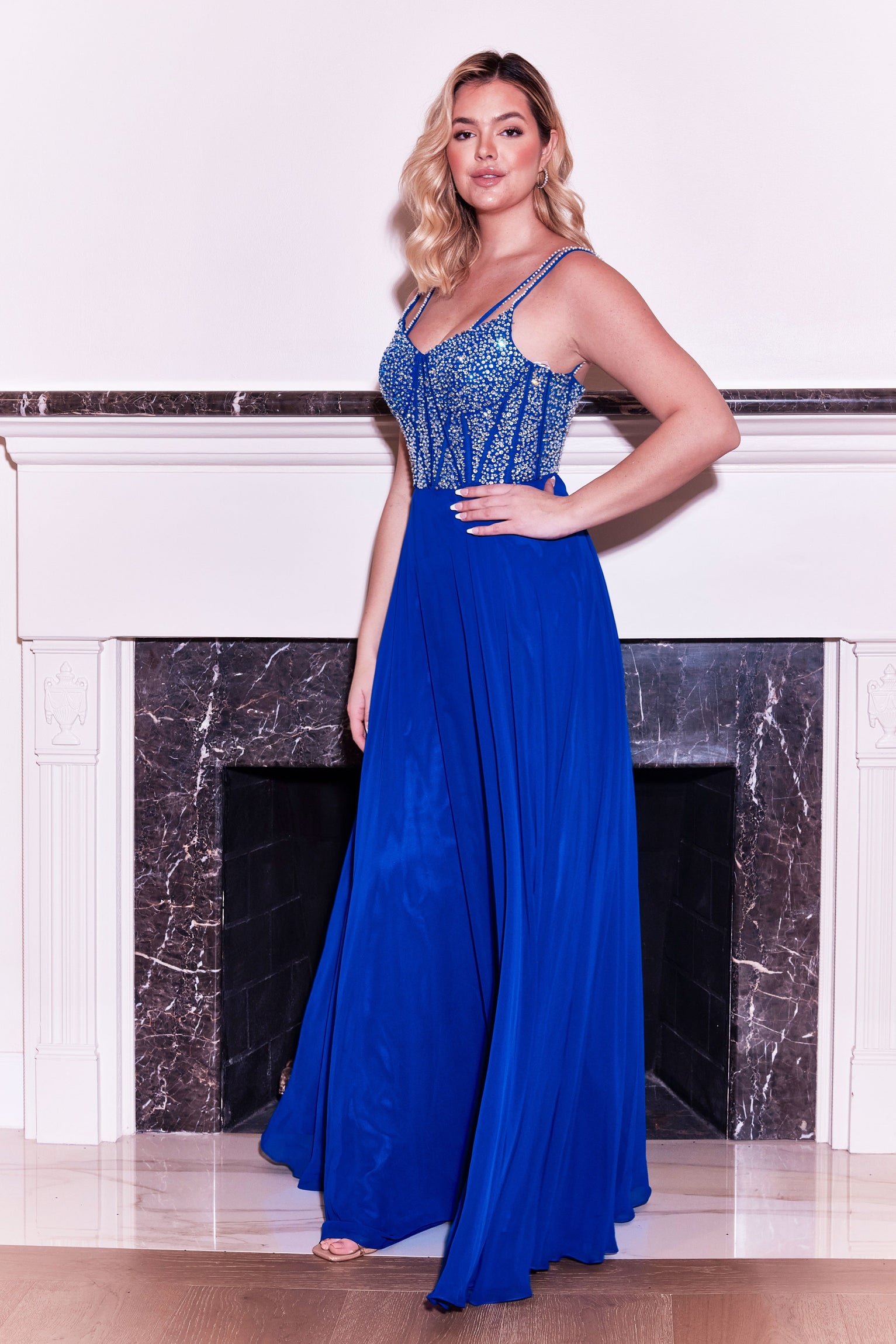 Kos Couture Long Formal Royal Blue Hand Beaded Top Dress