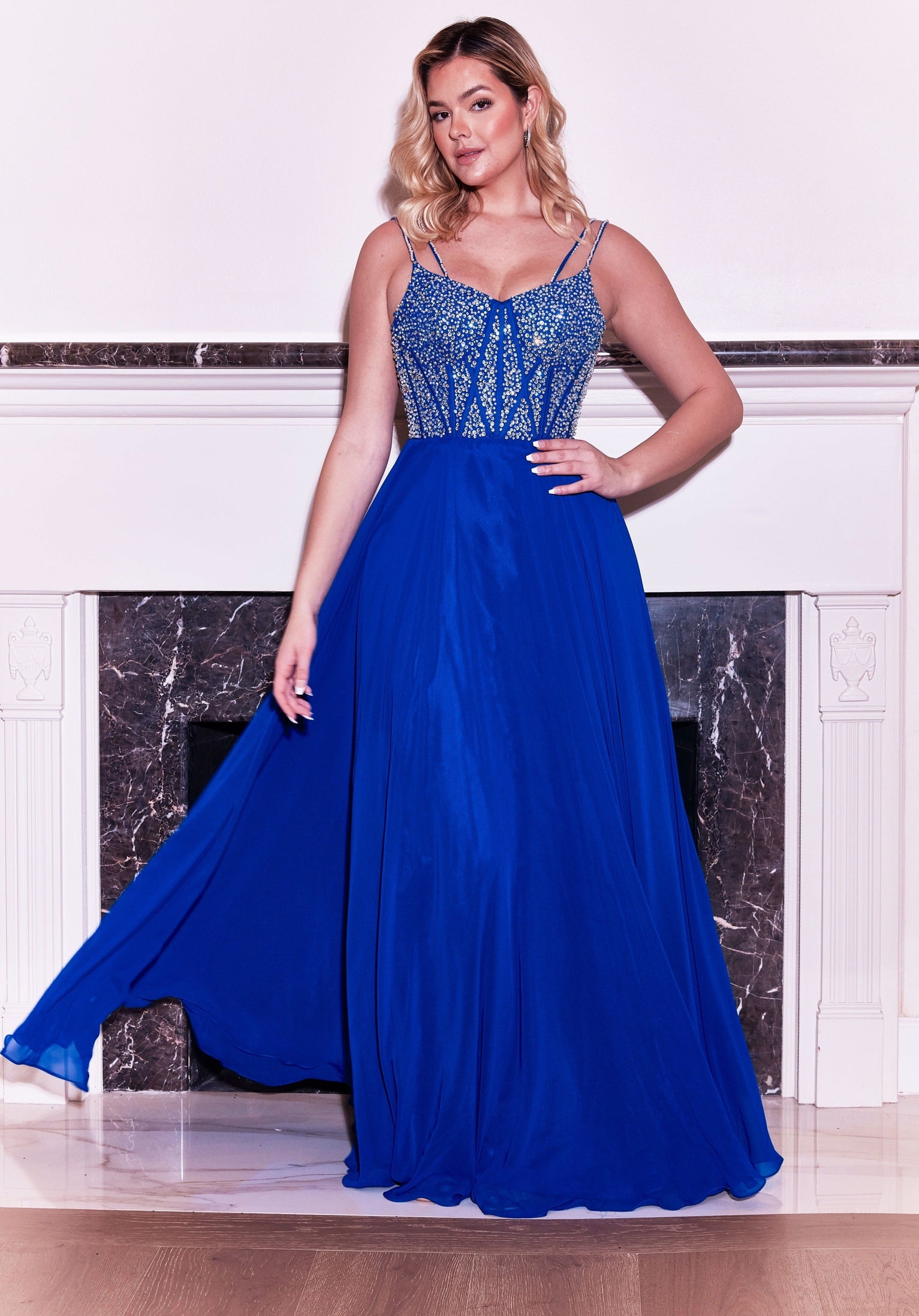 Kos Couture Long Formal Royal Blue Hand Beaded Top Dress